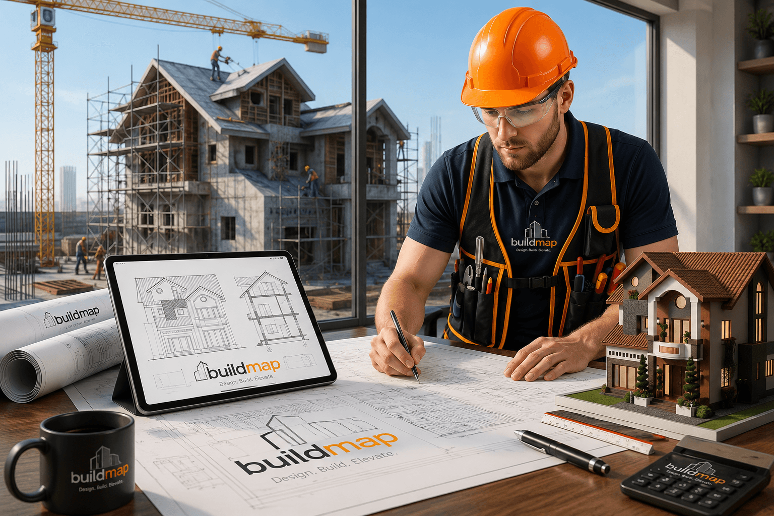 BuildMap engineer reviewing house plans at a construction site